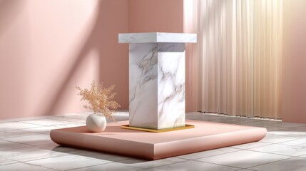 Marble pedestal in a pink room with vase and plant for product showcase, display, presentation, promotion, advertising, and marketing