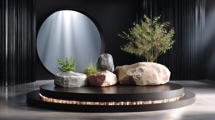 Zen garden with rocks and plants on display podium for product showcase, spa, and meditation concepts