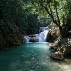 Fototapeta premium Tranquil waterfall flowing through lush forest hdr scenic view