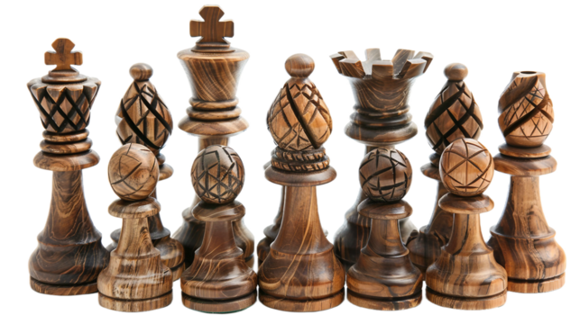 Intricate Wooden Chess Pieces on the Transparent Background