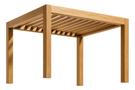 Wooden pergola with adjustable slats, providing shade on a patio of a modern house.