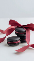 dessert, black macarons with deep red filling, red satin ribbon in a bow