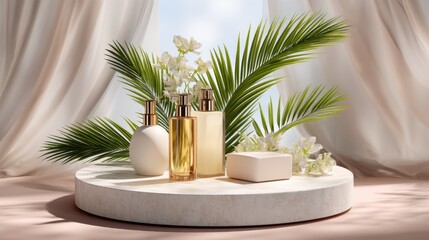 Cosmetic products on a pedestal with botanical elements for beauty and skincare promotions, product showcases, and advertising campaigns.
