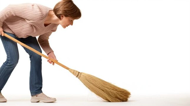 Woman sweeping floor with broom wearing jeans and sweater in studio with white background cleaning space