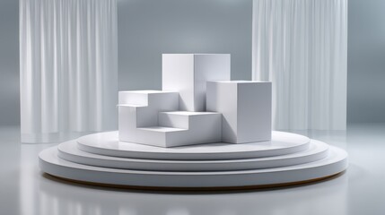 Geometric shapes on a tiered platform with curtains for product displays, presentations, and stage design.