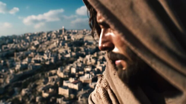 Photorealistic portrayal of a somber figure, draped in a cloak, gazing sorrowfully over a sprawling cityscape, evoking deep emotion and reflection, reminiscent of biblical lamentations in Matthew 23:3