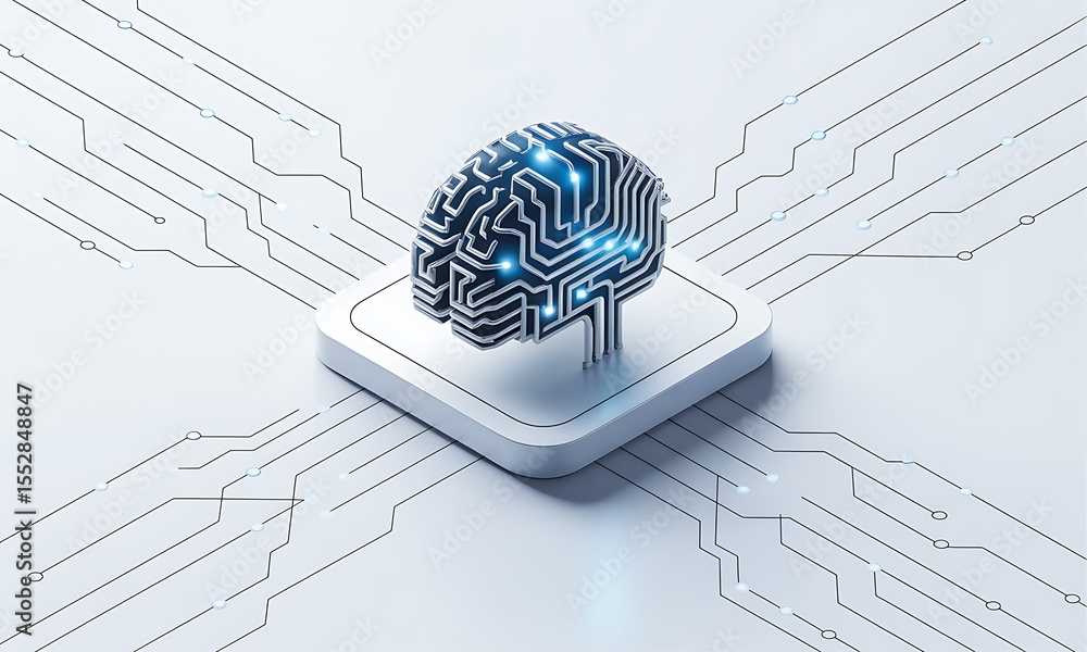 Poster digital brain glows on a white platform, symbolizing artificial intelligence and neural networks, pr