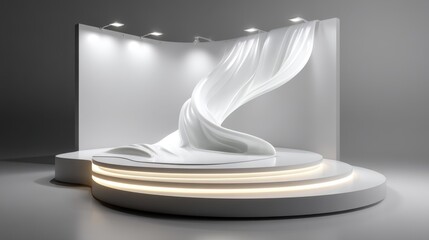 Modern stage with flowing fabric for product display, presentation, and event backdrop use cases