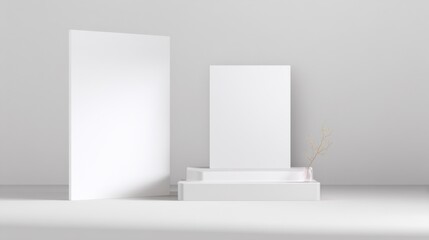 Minimalistic display featuring steps and panels for product showcasing, promotions, and presentations.