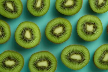 Fototapeta premium A vibrant flatlay showcasing numerous perfectly sliced kiwi fruit arranged on a teal background, creating a visually appealing and repetitive pattern