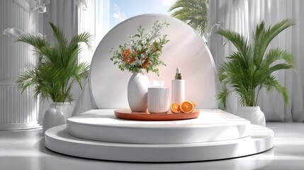 Elegant product display with floral arrangement and citrus fruits for cosmetic promotions, beauty product showcase, and wellness presentations