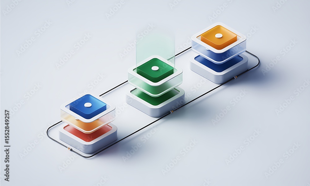 Poster three stacks of cubes representing stages, arranged logically on a white surface, illustrating busin