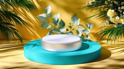 Round podium with plants against yellow wall for product display and marketing campaigns.