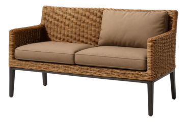 Weather-resistant wicker outdoor bench, designed for a cottage garden.