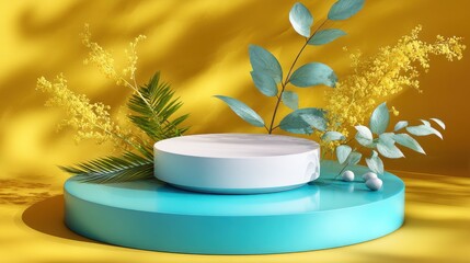 Product display with botanical elements on yellow, for showcasing items, advertising, and presenting products.