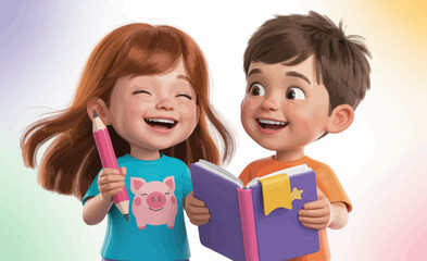 Happy Children Reading and Drawing