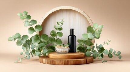 Elegant black bottle on wooden platform with eucalyptus for product showcase and cosmetic promotions, advertising material use