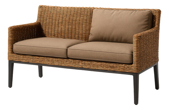 Weather-resistant wicker outdoor bench, designed for a cottage garden.