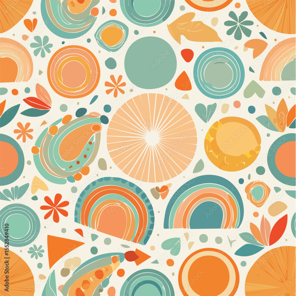 Aufkleber abstract boho pattern with rainbows flowers and circles in warm tones vector