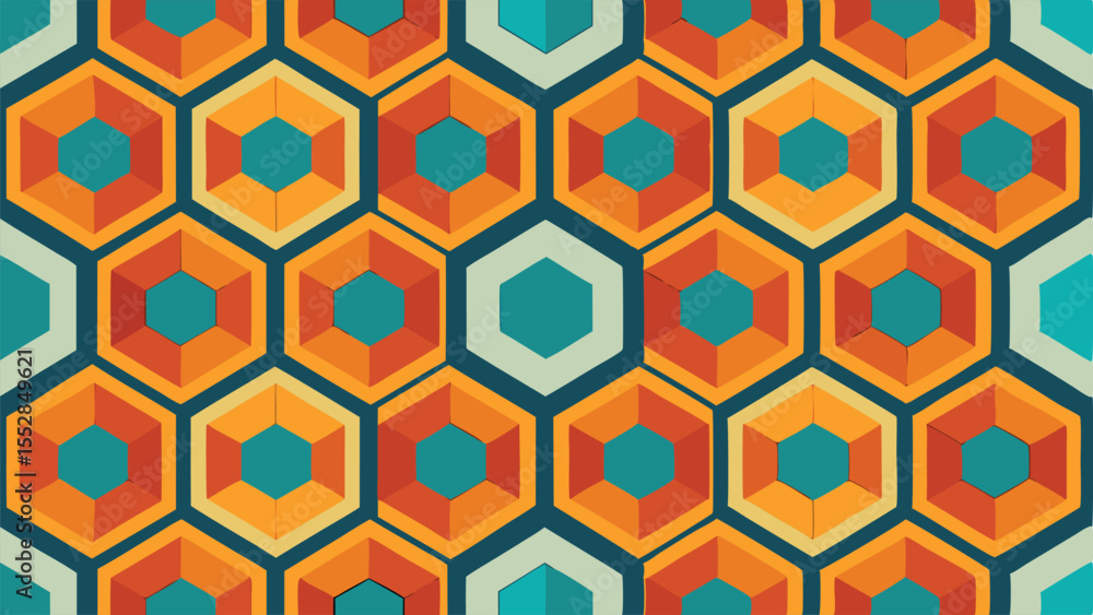 Poster geometric hexagon pattern with retro color palette and 3 d effect vintage