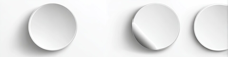 Three oval, white stickers on a white background; one is peeled