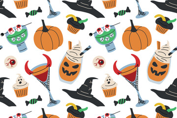 Flat cartoon vector illustration pattern with spooky Halloween cocktails, party drinks, scary treats, witch hat and pumpkin. Seamless design for holiday decor, celebration, kids and adult parties
