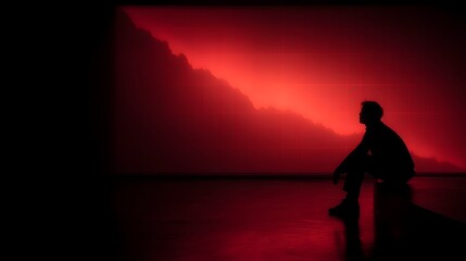Silhouetted figure gazing at a dramatic mountain landscape at sunset