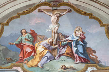 LODI, ITALY - MAY 21, 2025: The baroque fresco of Crucifixion in the chruch Chiesa di San Filippo...