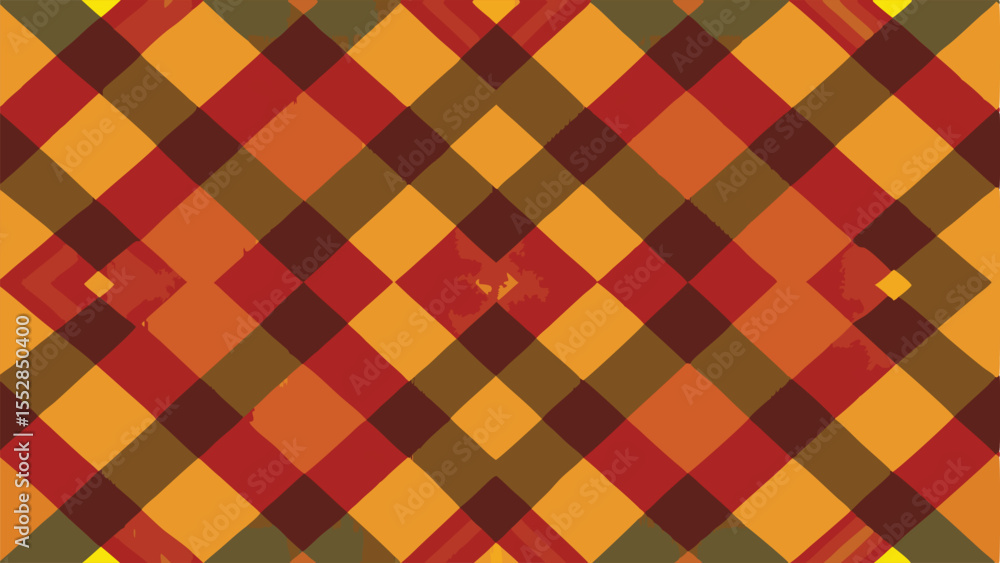 Poster diagonal plaid pattern in warm autumn colors with distressed texture checkered squares
