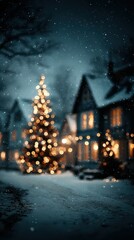 Illuminated houses and a Christmas tree adorn a snowy evening landscape with falling snowflakes