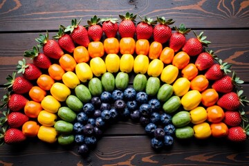 Overhead view of vibrant, fresh fruits arranged in rainbow formation on a rich wooden surface