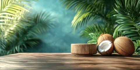 Fresh coconuts and wooden bowl surrounded by tropical leaves in a serene setting
