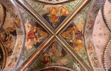 Gordijnen LODI, ITALY - MAY 21, 2025: The renaissance ceiling fresco of Four Evangelist in church Chiesa di San Francesco by unknown artist of 15. cent.  © Renáta Sedmáková