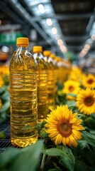 Sunflower oil bottles placed among vibrant sunflowers in a spacious facility during the day