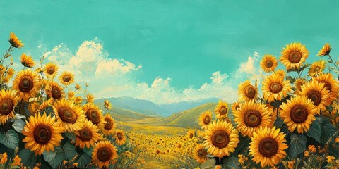 Sunflowers bloom vibrantly in a scenic field under a bright blue sky during late afternoon