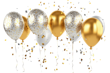 Colorful display of gold and silver balloons surrounded by shimmering confetti perfect for celebrating special events and parties in a festive atmosphere