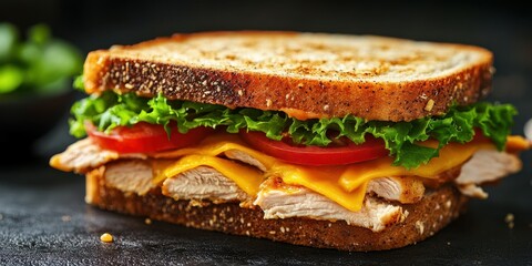 Freshly made chicken sandwich with cheddar and vegetables on whole grain bread ready for serving at a casual diner