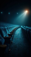 Rows of empty blue seats in a dimly lit theater create a mysterious and nostalgic atmosphere