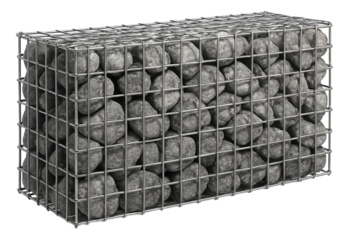 Gabion retaining wall constructed with wire mesh and filled with rocks, suitable for a contemporary home with an industrial vibe.