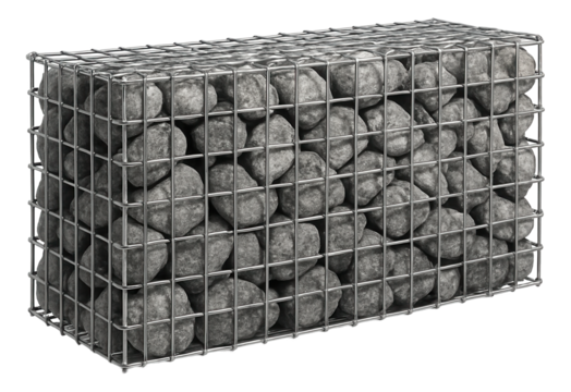 Gabion retaining wall constructed with wire mesh and filled with rocks, suitable for a contemporary home with an industrial vibe.