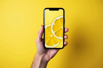 Vibrant Summer Vibe: Hand Holding Cellphone with Lemon Slice Background