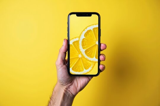 Vibrant Summer Vibe: Hand Holding Cellphone with Lemon Slice Background - Powered by Adobe