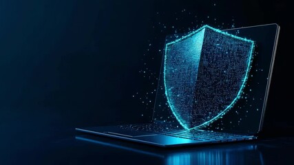 Cyber ​​security and insurance concept represented by abstract laptop with blue futuristic security screen. - Powered by Adobe