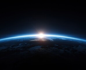 A vibrant sunrise or sunset viewed from space, showcasing Earth's curvature and atmospheric glow against the inky blackness of space.  The sun's rays pierce the horizon