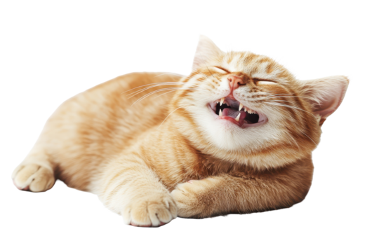 Cute and happy orange cat laughing joyfully while lounging on a white surface, showcasing its playful personality and delightful spirit