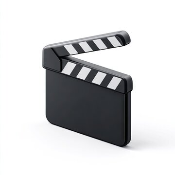 A three-dimensional, black clapperboard with a hinged arm, angled slightly, rests on a white background;  clean, minimalist style