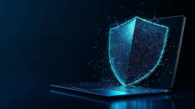 Cyber ​​security and insurance concept represented by abstract laptop with blue futuristic security screen.
