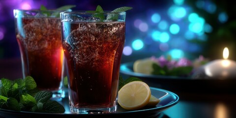 Refreshing glasses of iced tea with mint and lemon served on a table in a cozy, ambient setting during evening hours