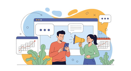Adobe illustrator vector flat style illustration of A man and woman engage in a digital marketing, with the man holding a smartphone and the woman a megaphone, represent online business promotion