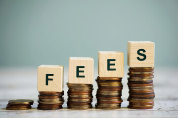 Visualizing Rising Costs: Wooden Blocks Spell Out FEES on Mounting Coins Stack